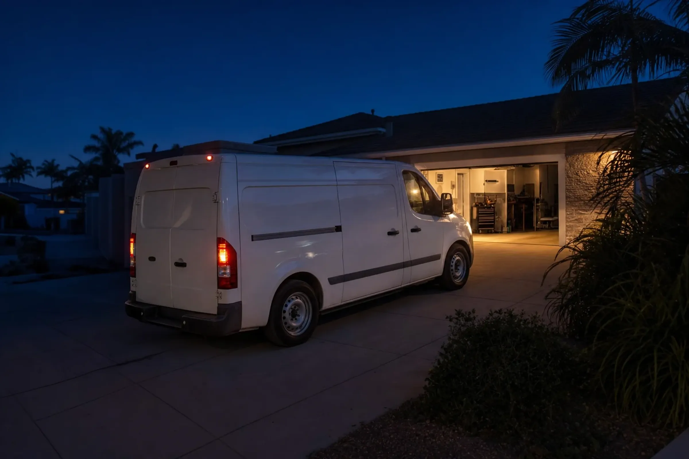 24 hour emergency water heater service van on a Tustin driveway at night