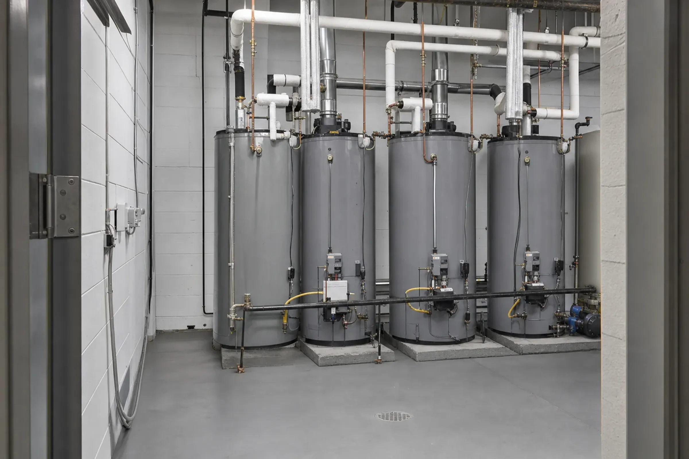 Commercial water heater service in Orange County: three large heaters in a mechanical room