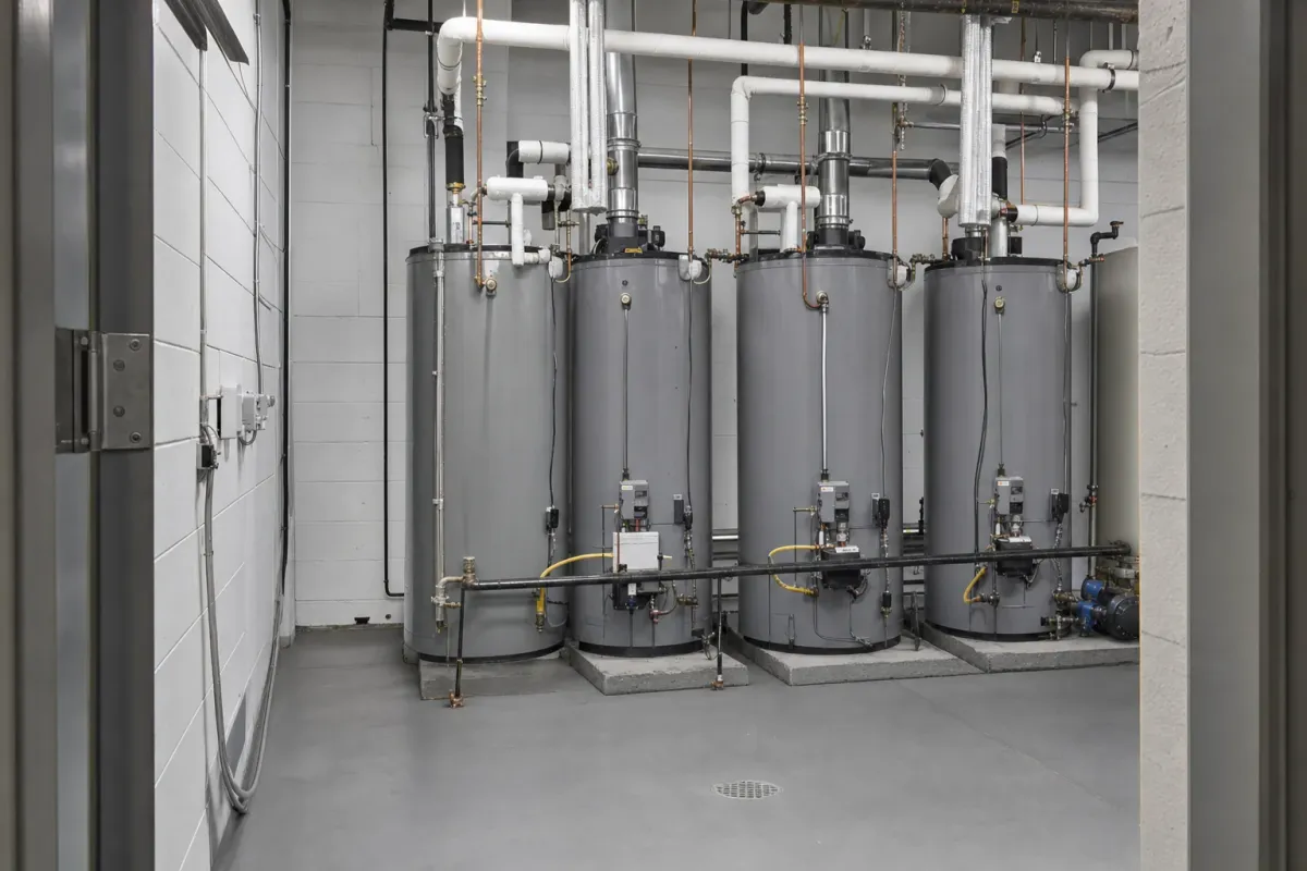 Commercial water heater service in Orange County: three large heaters in a mechanical room