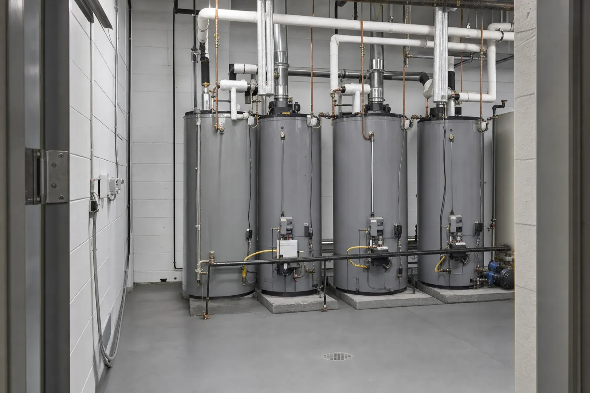 Commercial water heater service in Orange County: a row of heaters in a mechanical room