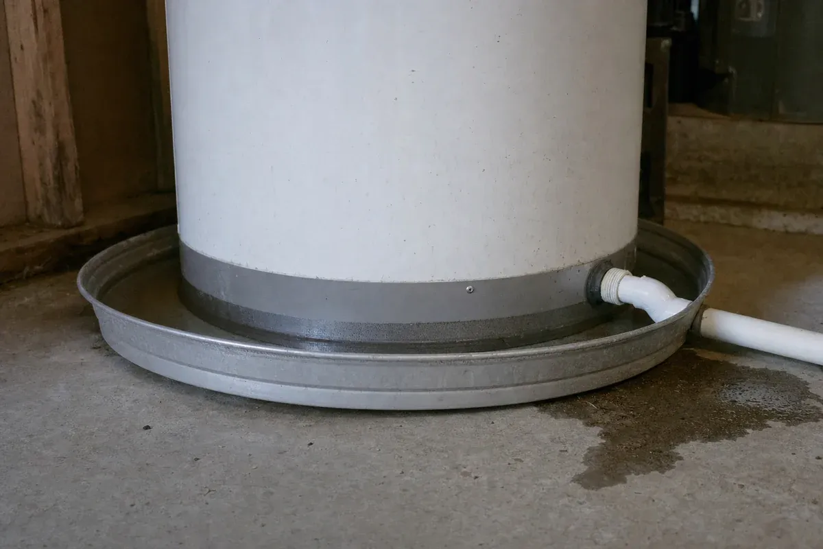 Leaking water heater standing in a drain pan in an Orange County garage