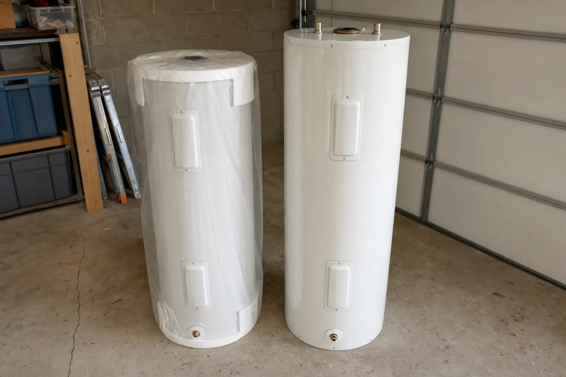 Two new tank water heaters ready for replacement on a garage floor in Orange County