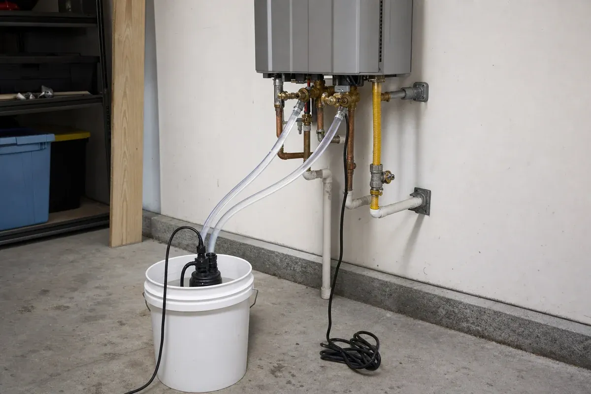 Tankless water heater descaling in Orange County, pump and bucket connected to the service valves