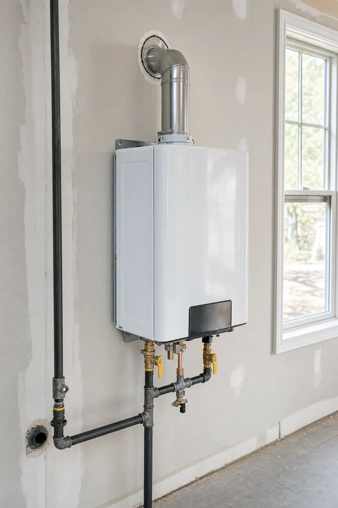 Tankless water heater installation on a utility wall in an Orange County home, new gas line and vent fitted