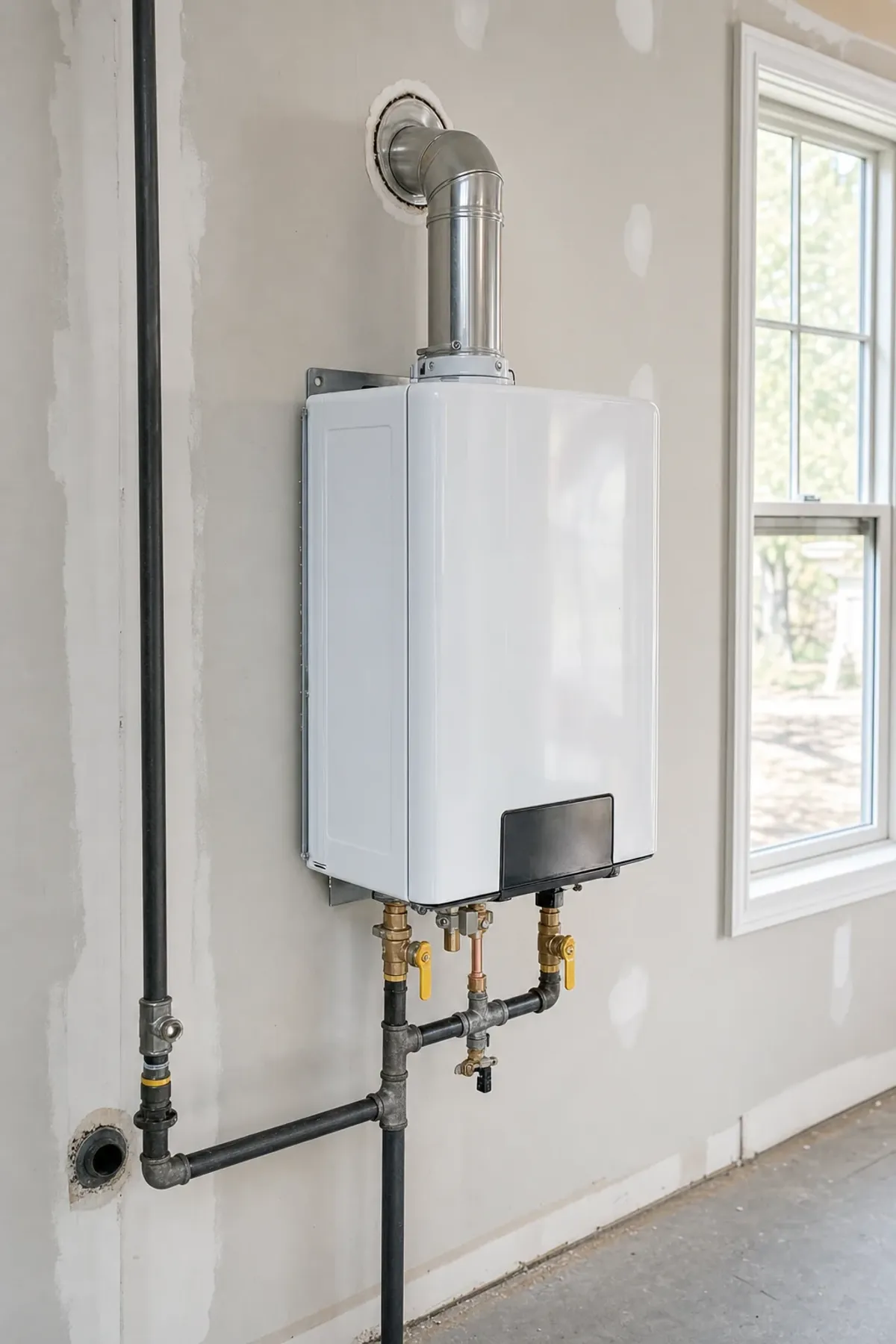Tankless water heater installation on a utility wall in an Orange County home, new gas line and vent fitted