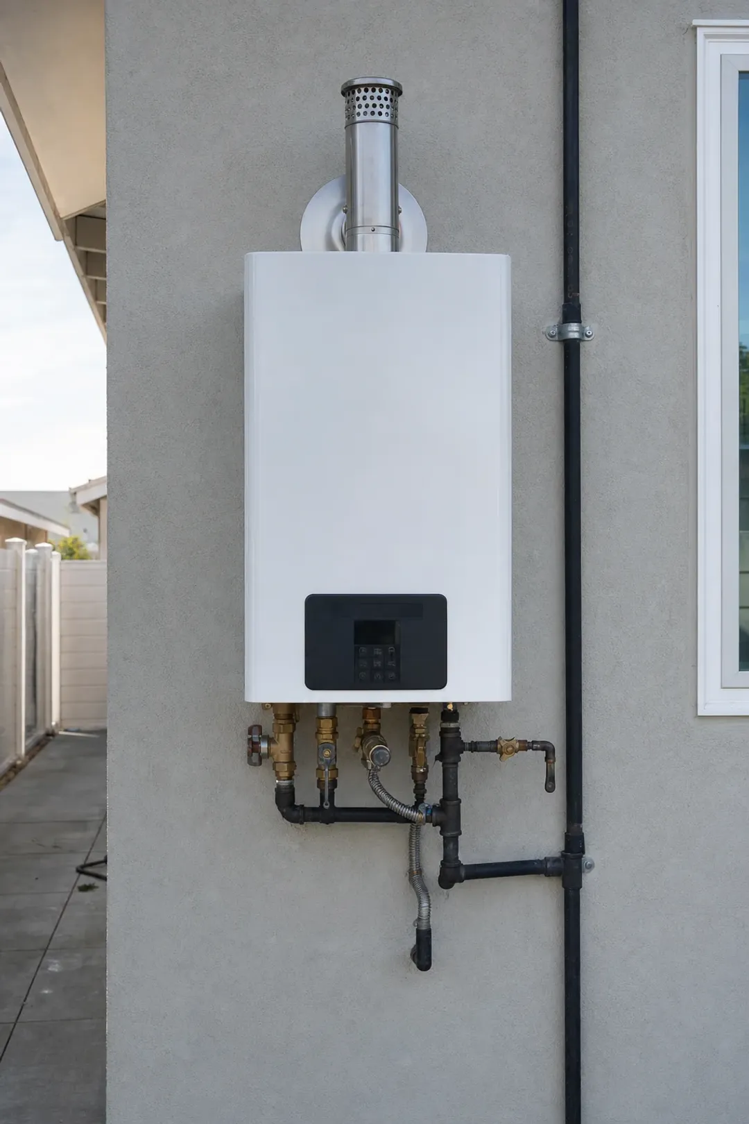 Tankless water heater installed on the side of a Tustin, Orange County home