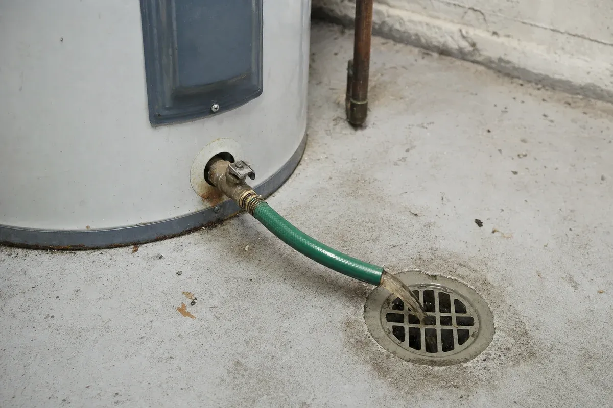 Water heater flush in Orange County draining sediment into a floor drain