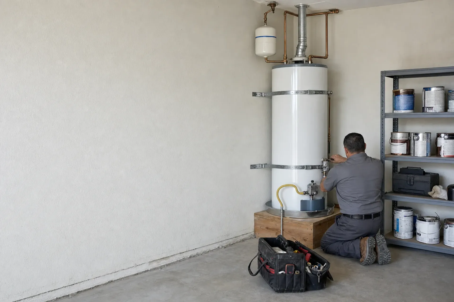 OC Water Heater Pros installing a new water heater in a Tustin garage