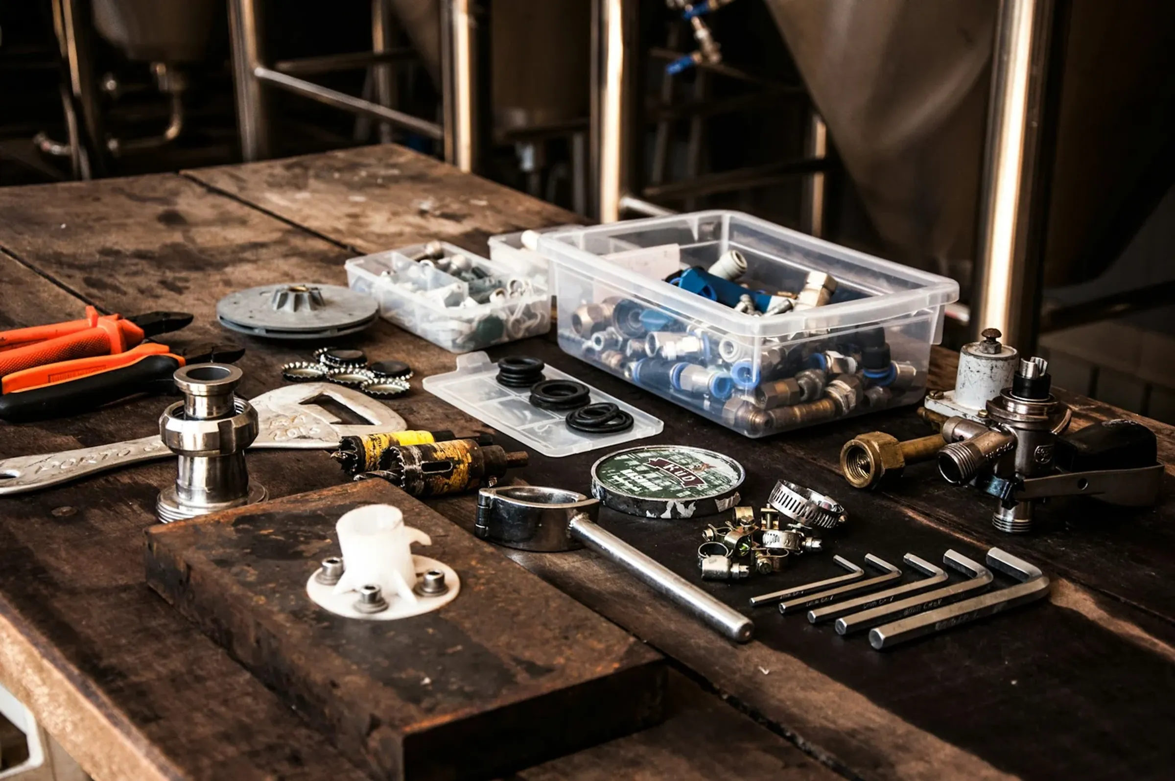 Water heater plumber tools on a workbench at OC Water Heater Pros, Orange