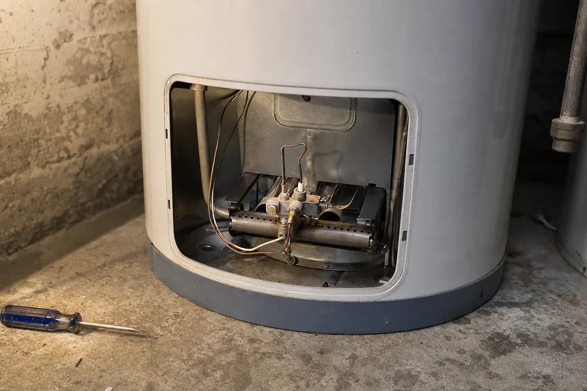 Water heater repair in Orange County: technician at the open burner panel of a gas water heater