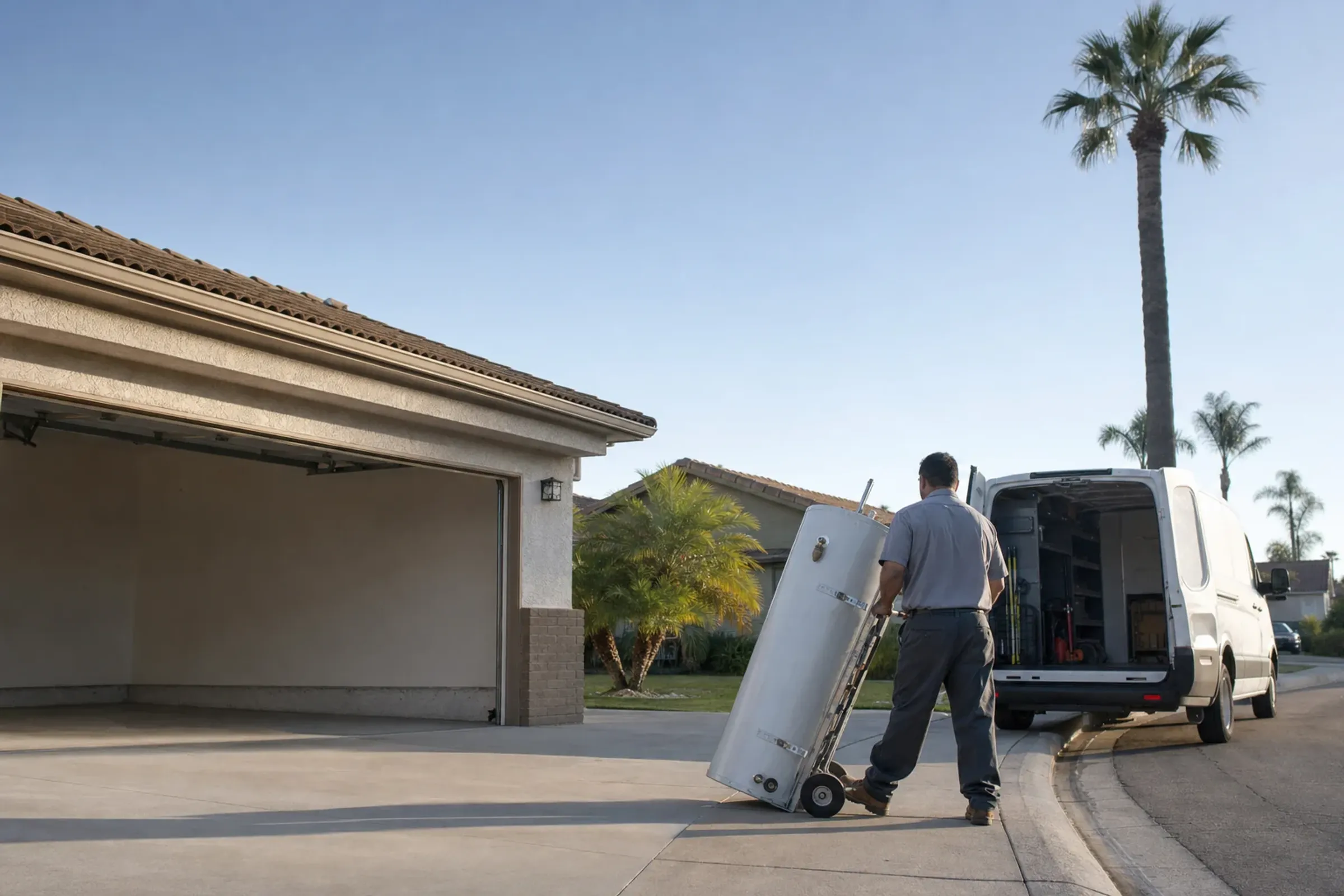 OC Water Heater Pros delivering a new water heater up a Tustin driveway for replacement