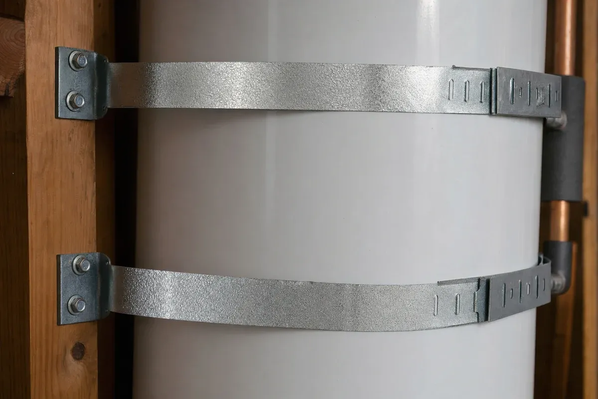 Two galvanized seismic straps on a water heater, required by California code